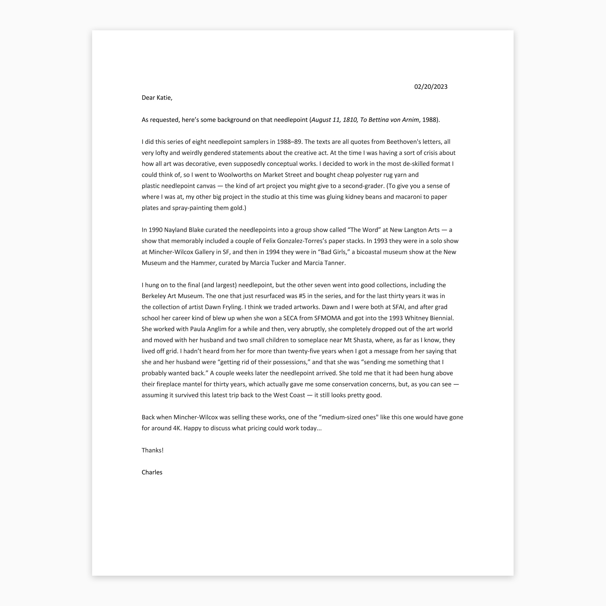 Letter to a gallerist concerning the reemergence of an old artwork
