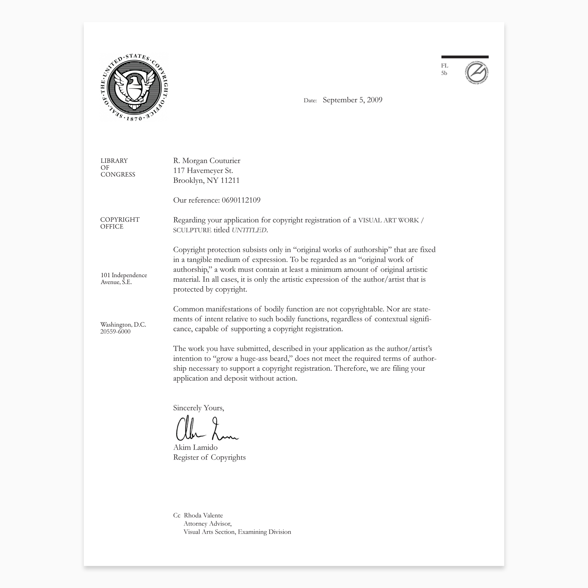 Library of Congress Copyright Refusal Letter